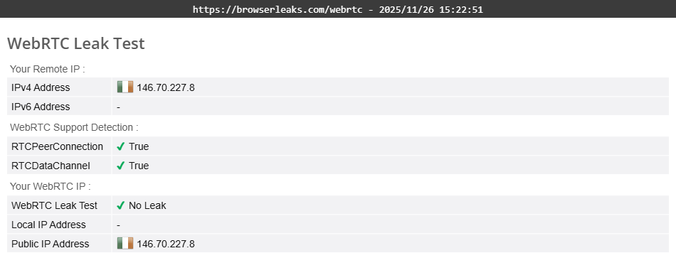McAfee Safe Connect VPN's WebRTC leak test results (pass)