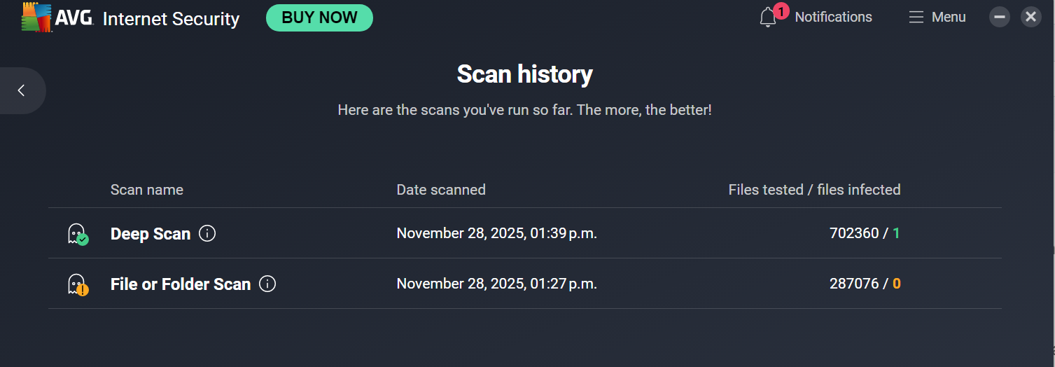 AVG scan history Nov 2025