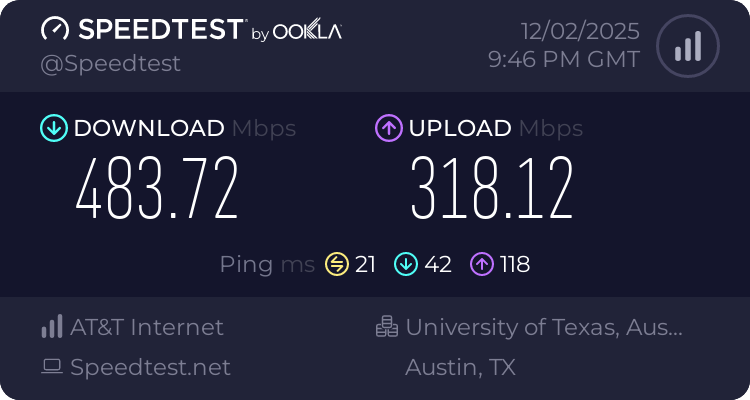 Baseline speed test before testing AdGuard VPN (483.82 download, 318.12 upload, 21 ping)