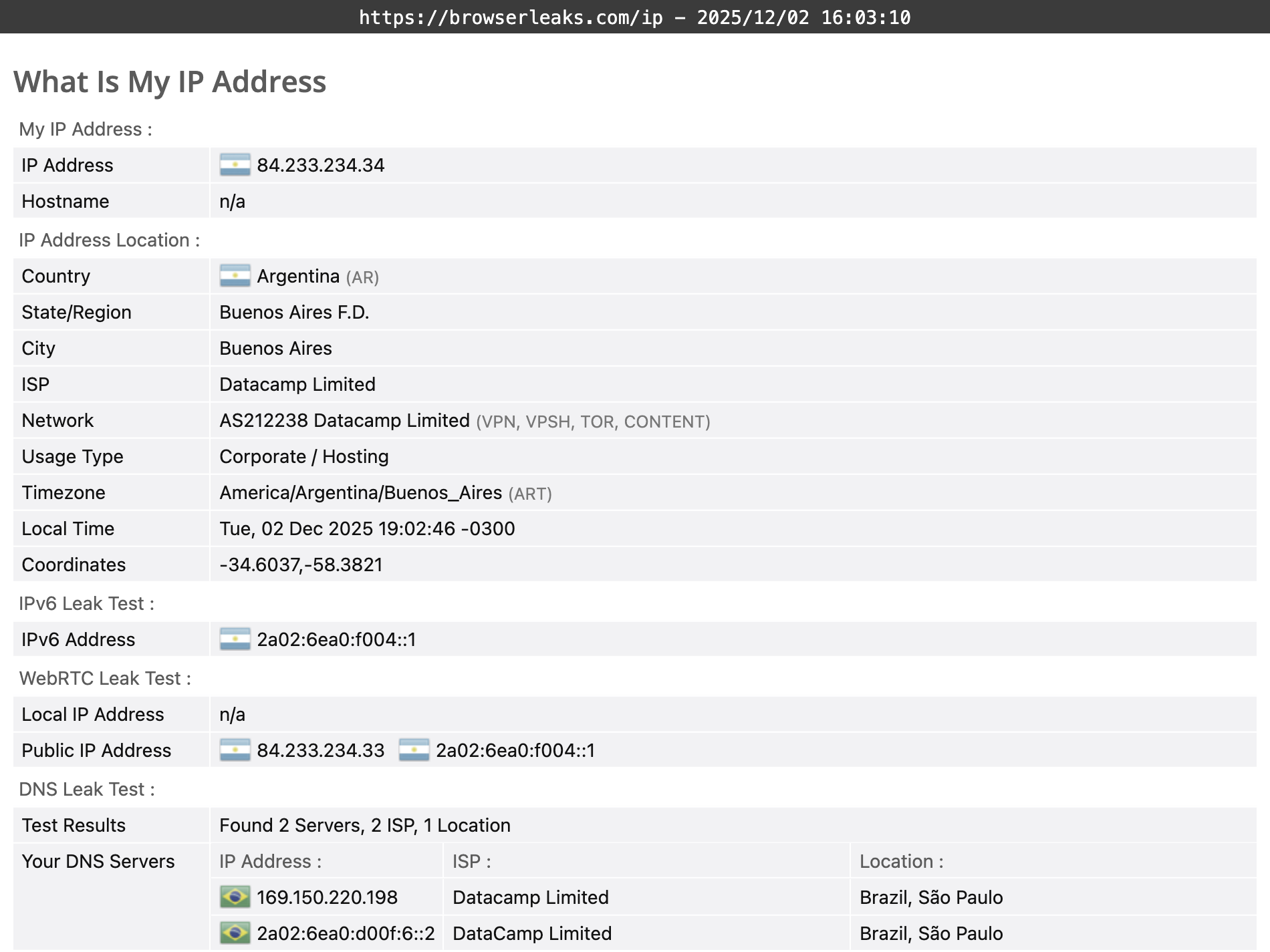 AdGuard VPN's DNS leak test results (passed).
