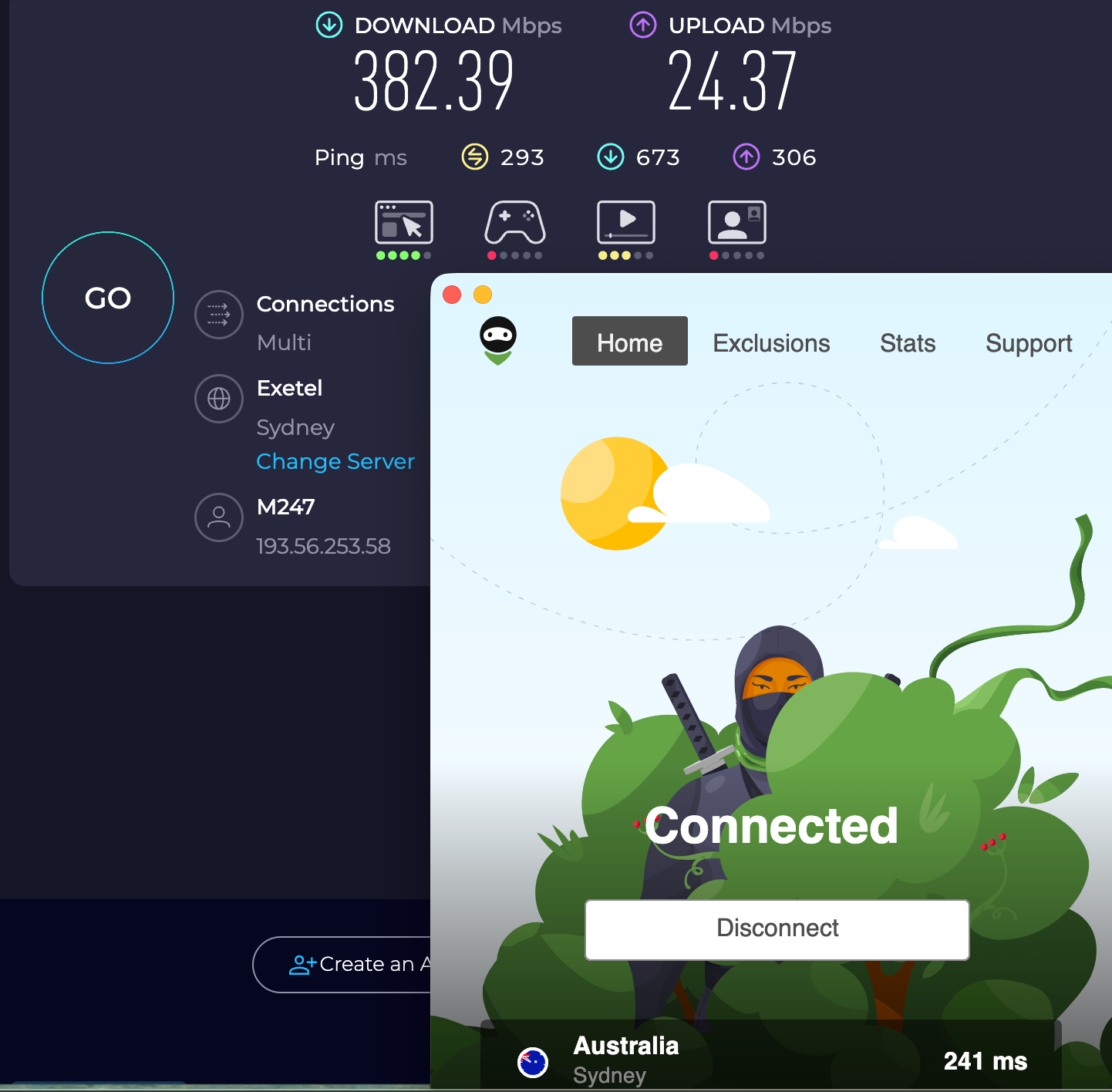 Speed test results for AdGuard VPN while connected to a server in Sydney (382.39 download, 23.37 upload, 293 ping) 