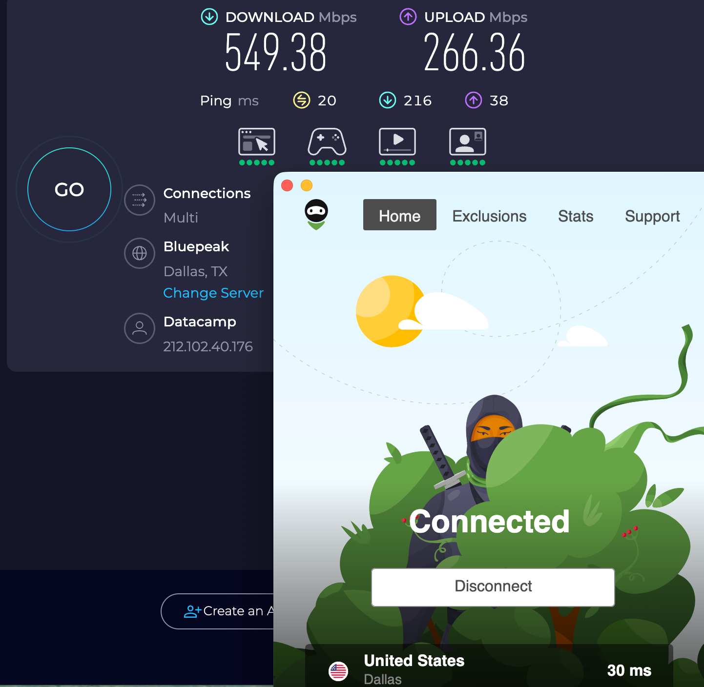 Speed test results for AdGuard VPN while connected to a server in Dallas  (549.38 download, 266.36 upload, 20 ping) 
