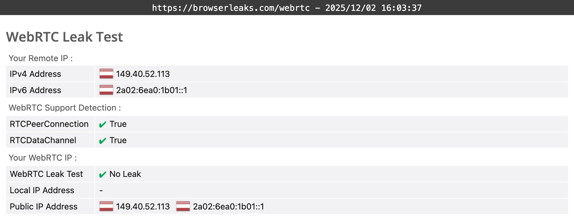 AdGuard VPN's WebRTC leak test results (pass).