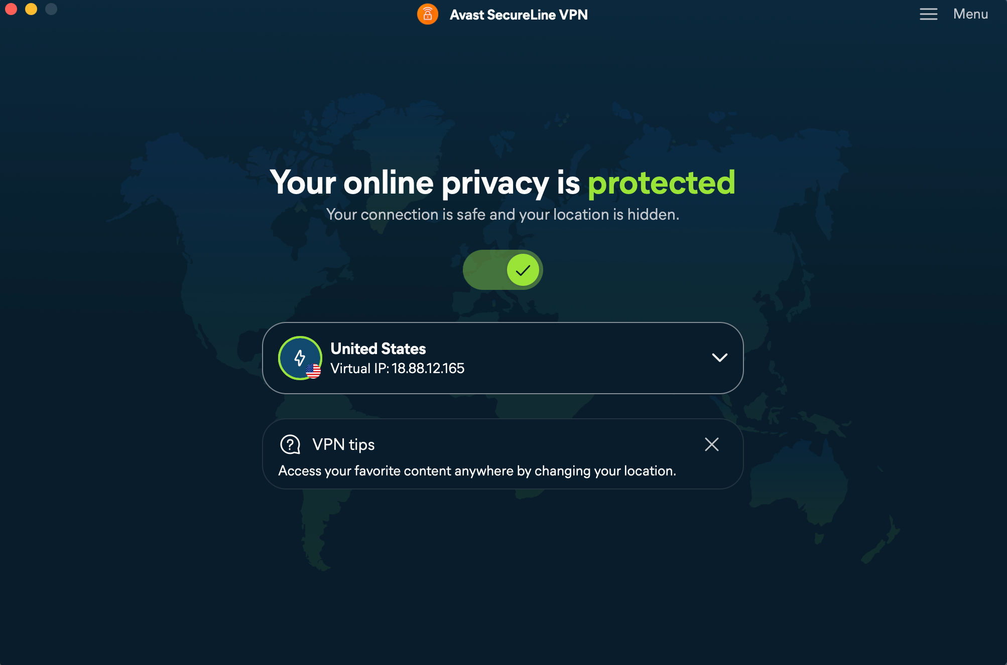 Avast SecureLine VPN dashboard