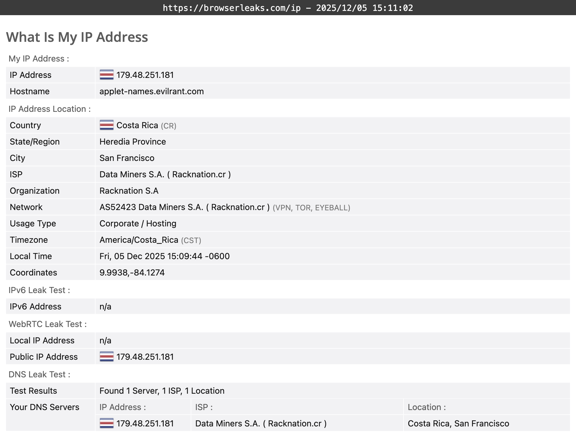 Avast SecureLine VPN's DNS leak test results (pass)