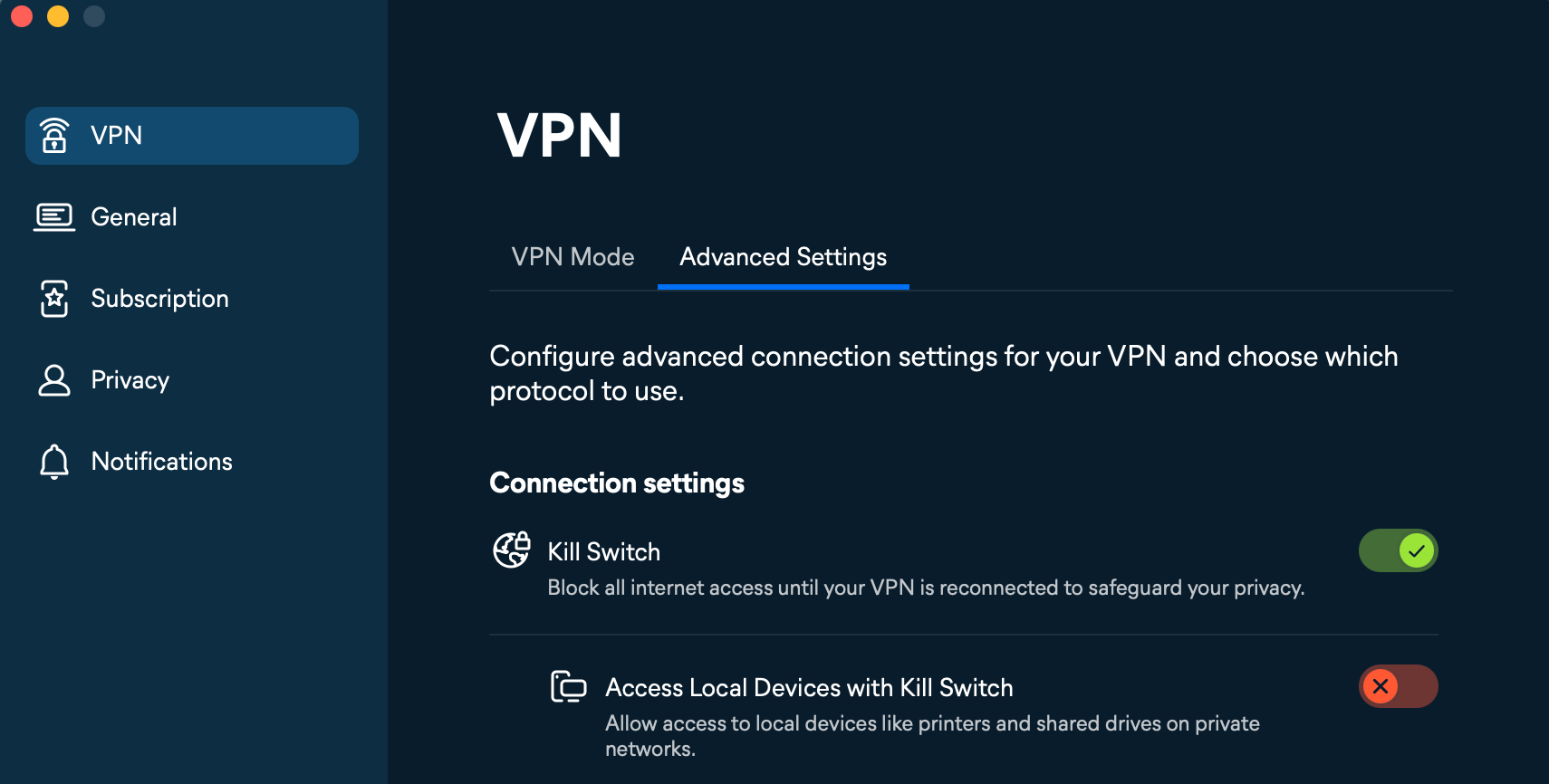 Avast SecureLine VPN kill switch settings