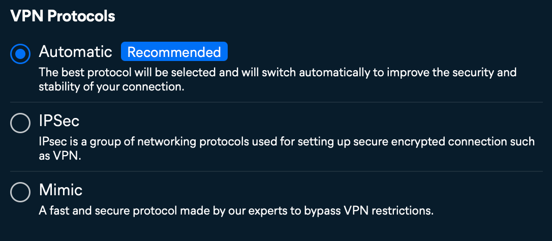 Avast SecureLine VPN's list of VPN protocol