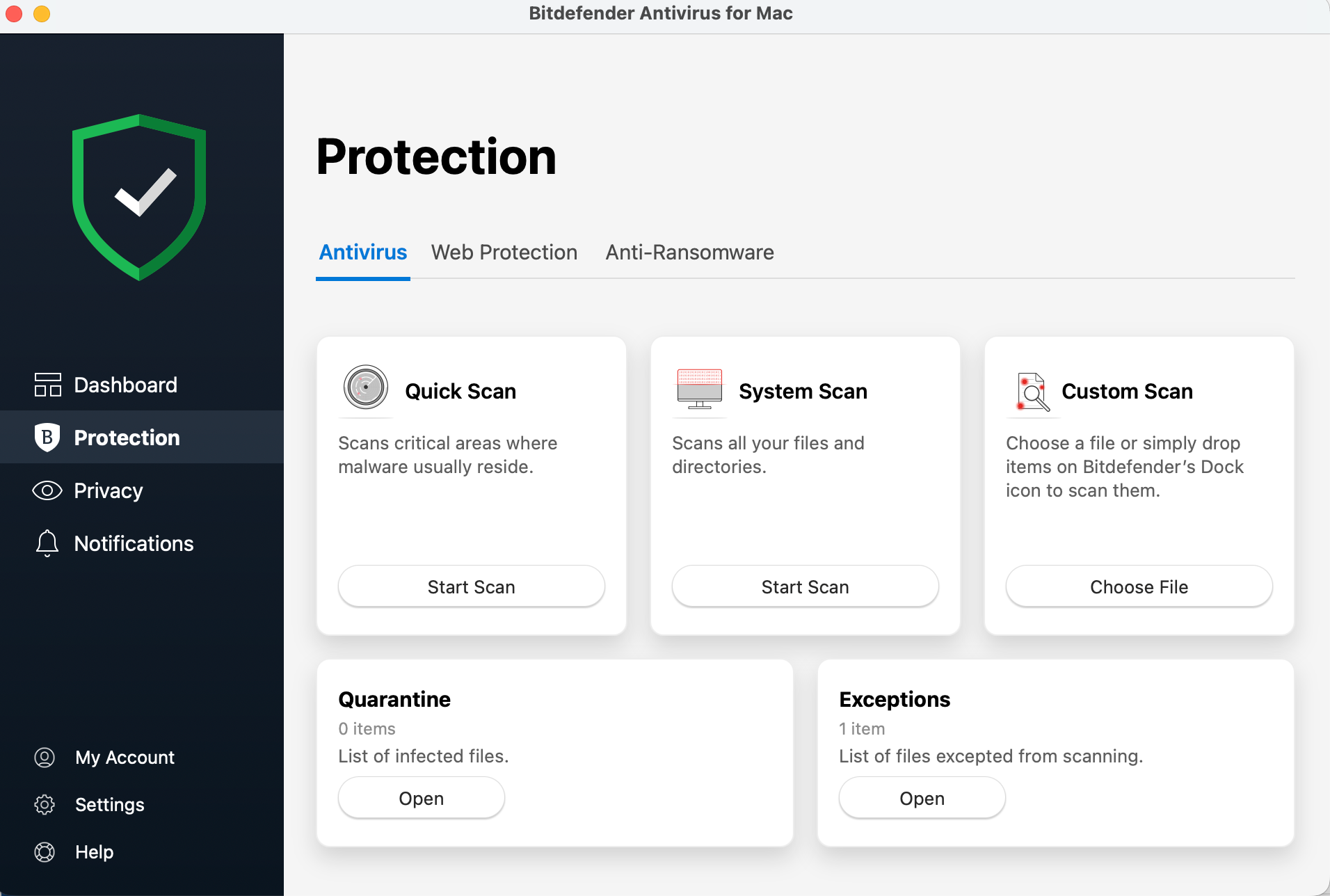 Bitdefender Antivirus for Mac dashboard