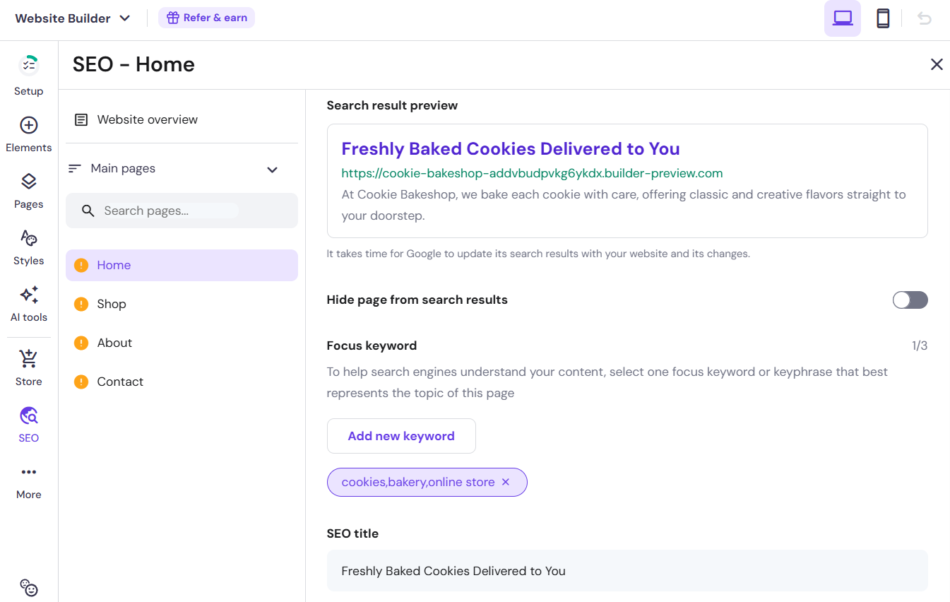 Hostinger's SEO recommendations for website homepage