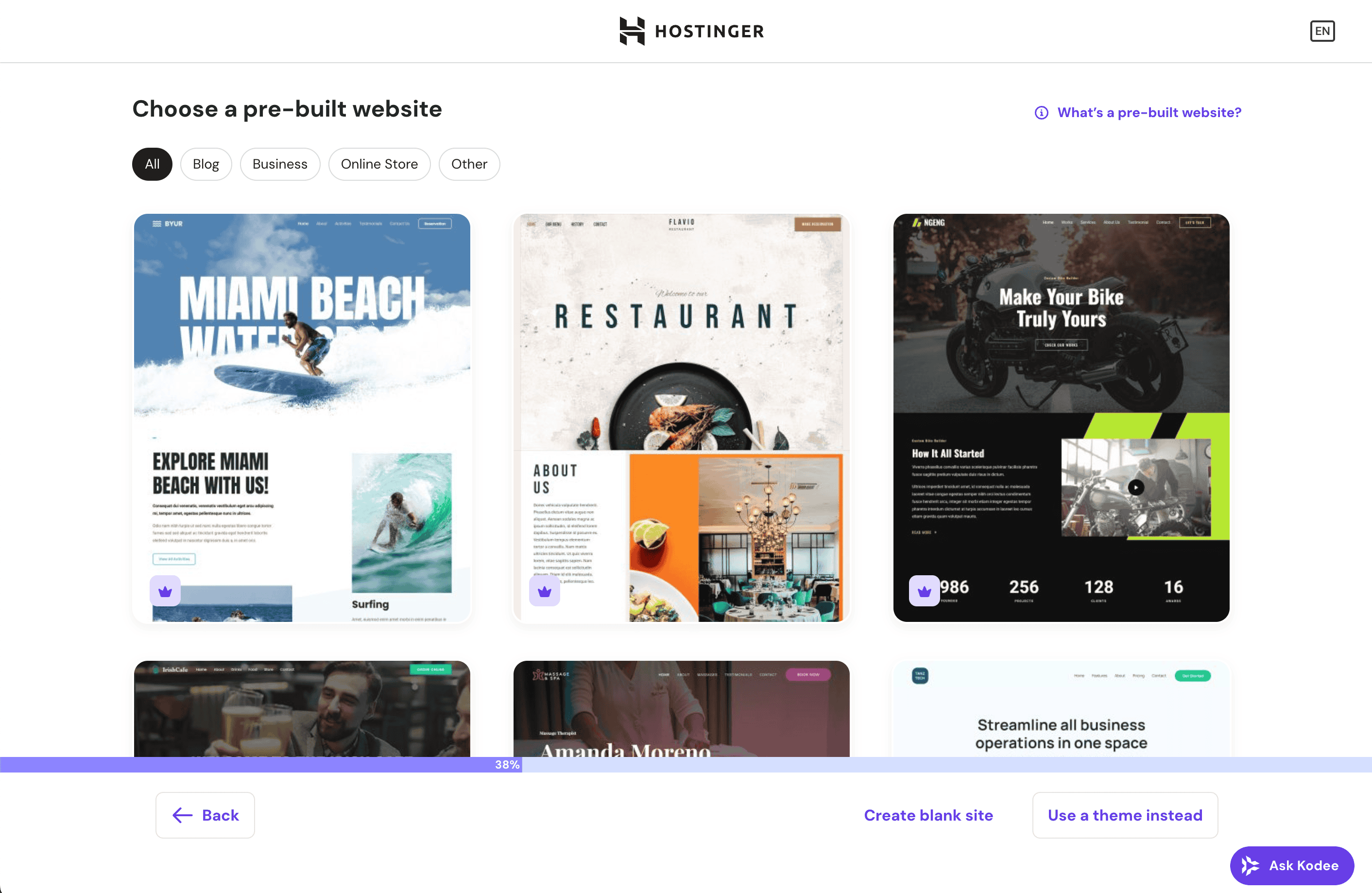Hostinger Setup Wizard prebuilt templates