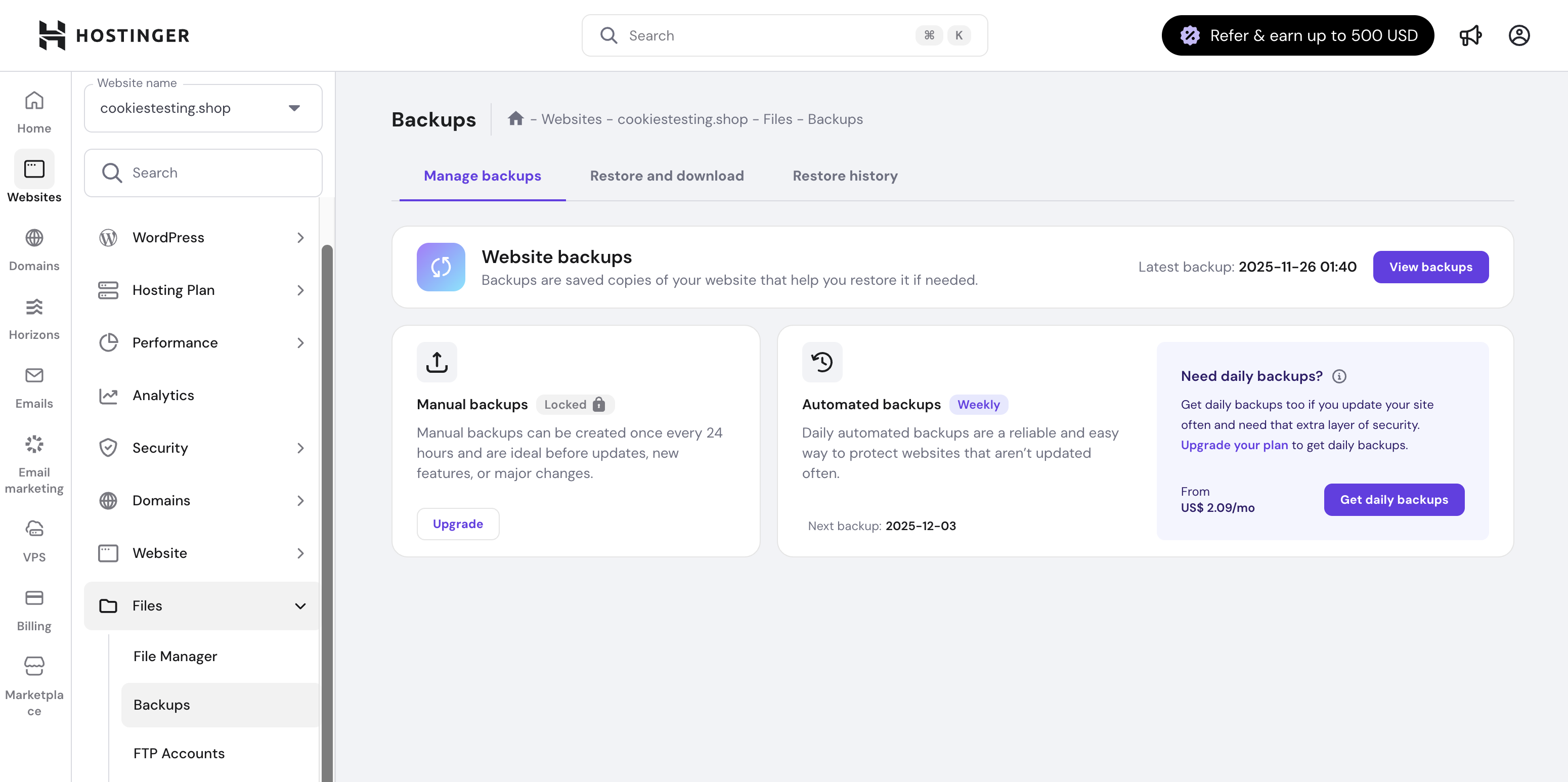 Hostinger automatic backups