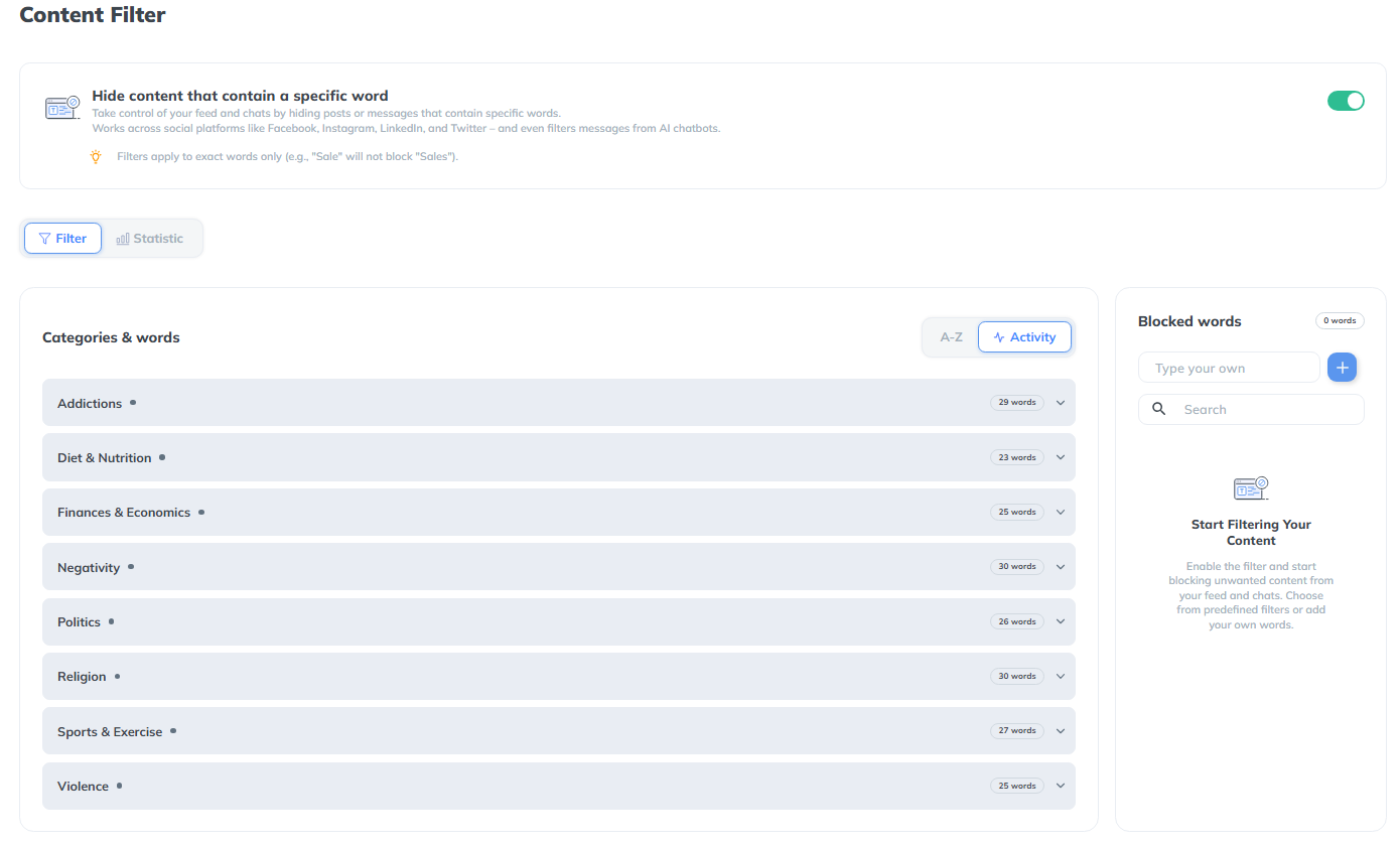 Poper Blocker content filter by category and keyword
