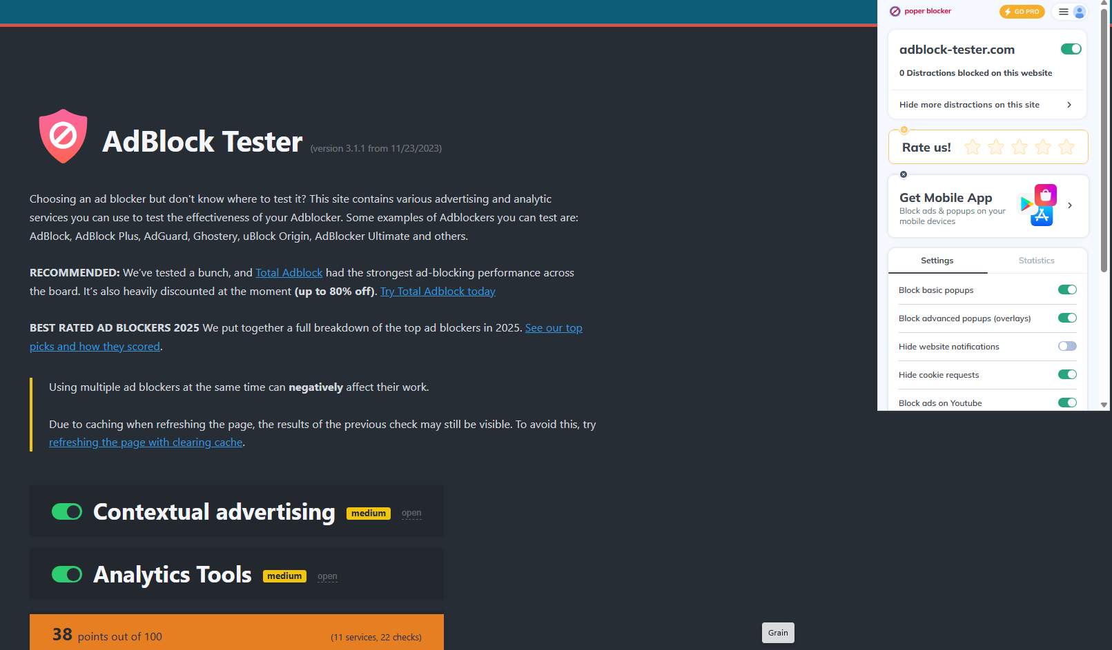 Poper Blocker free score 38/100 on Adblock Tester