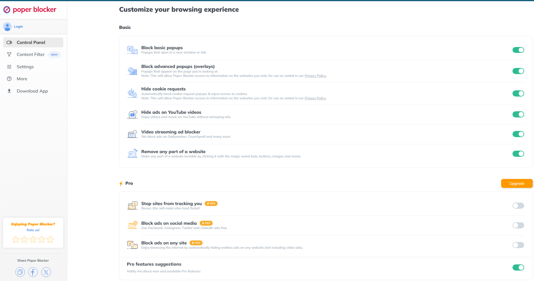 Poper Blocker desktop dashboard