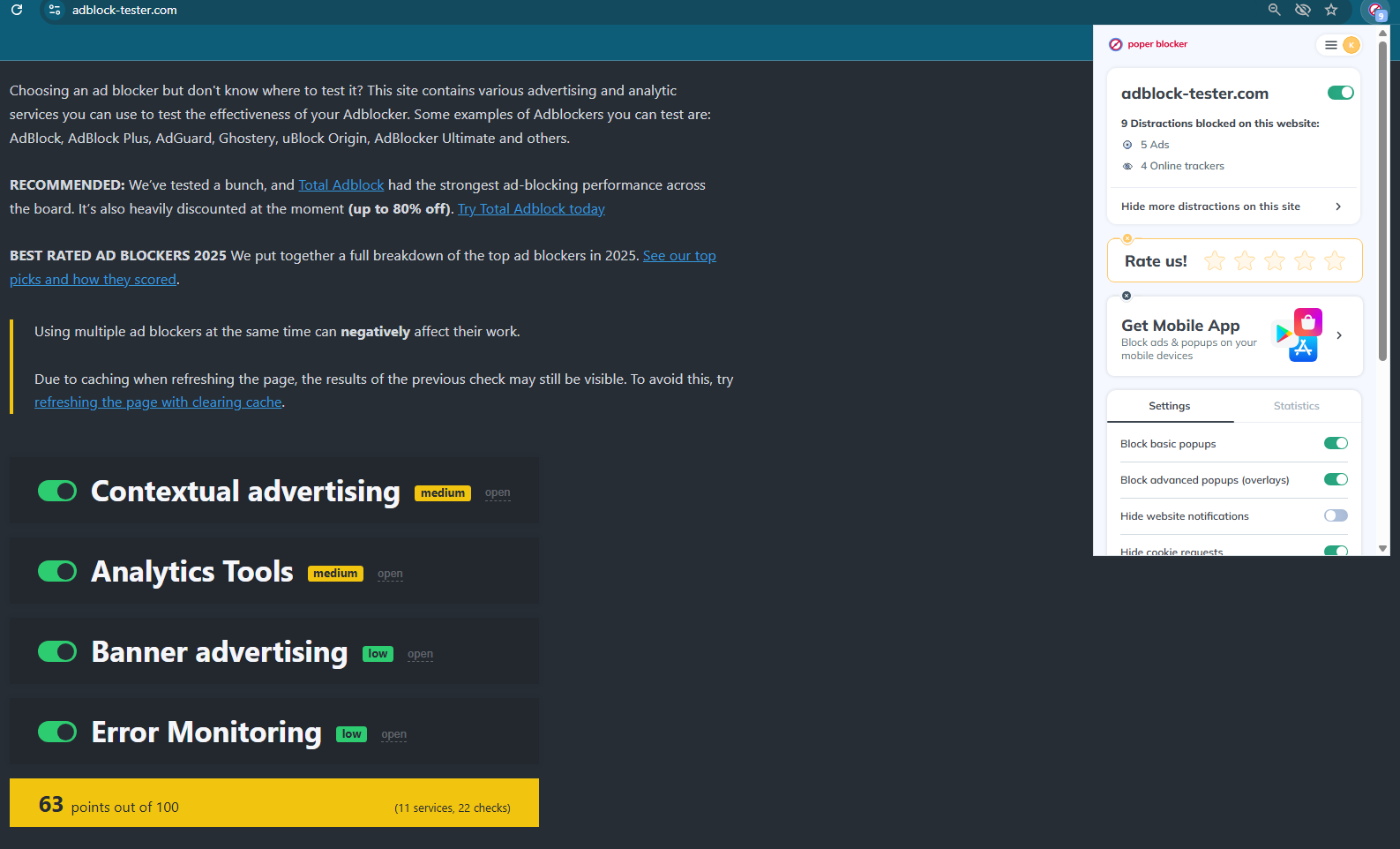 Poper Blocker Pro tests results for Adblock Tester