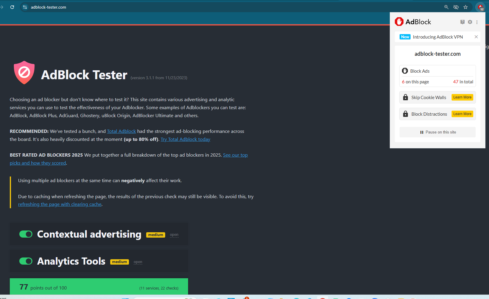 AdBlock free scored only 77 out of 100 on AdBlock Tester