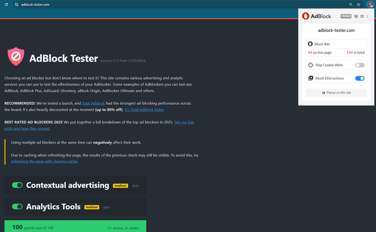 AdBlock Premium passed AdBlock Tester with premium filters on