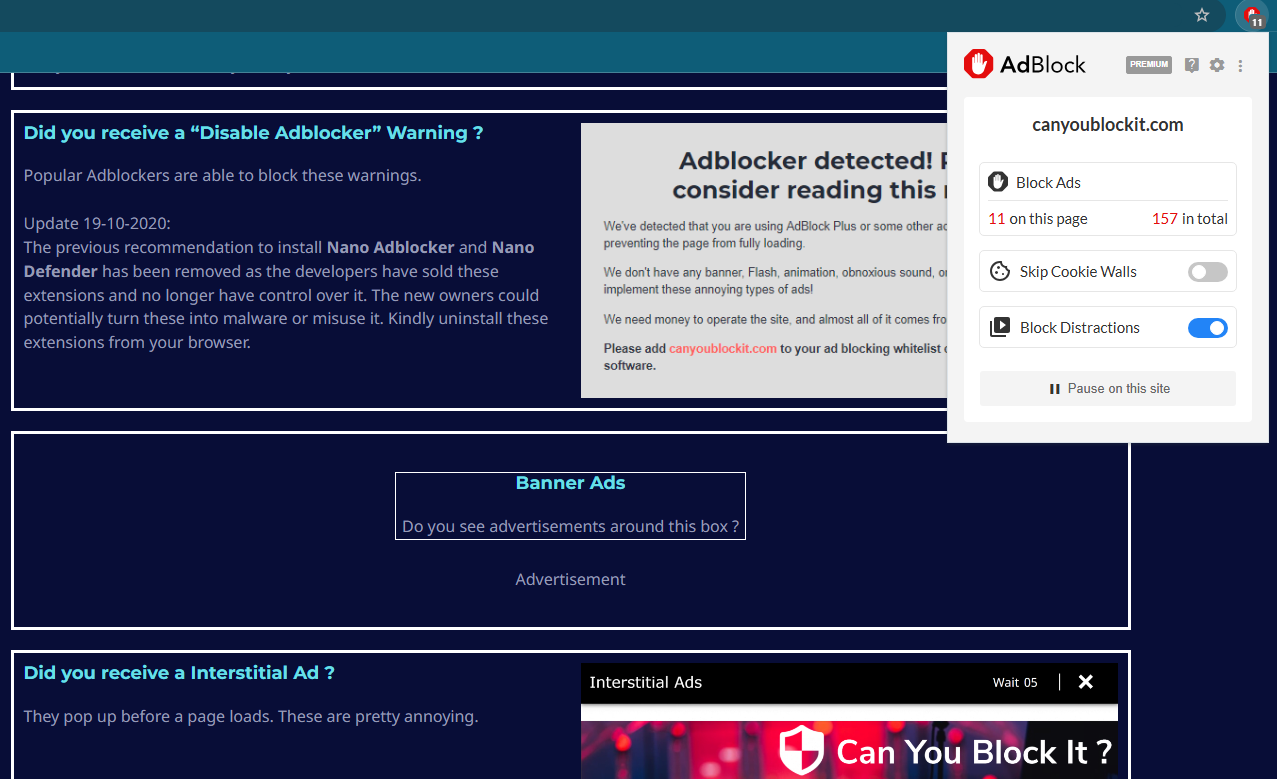 AdBlock Can You Block It test results