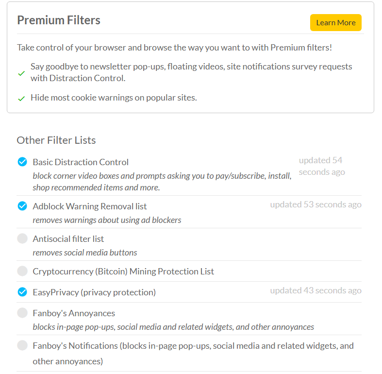 Enabling premium AdBlock filters to ace AdBlock Tester test