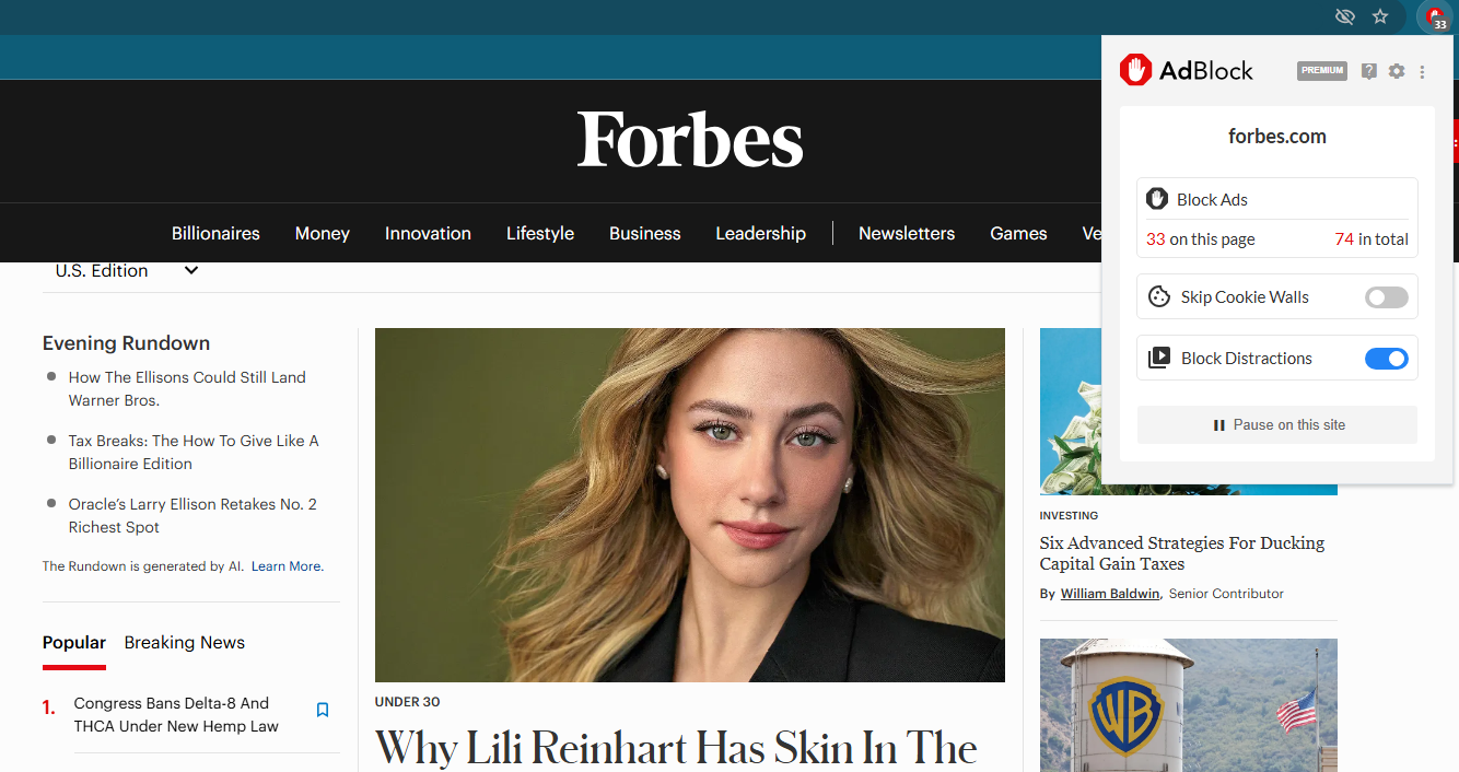 AdBlock Premium removed 33 ads during Forbes test