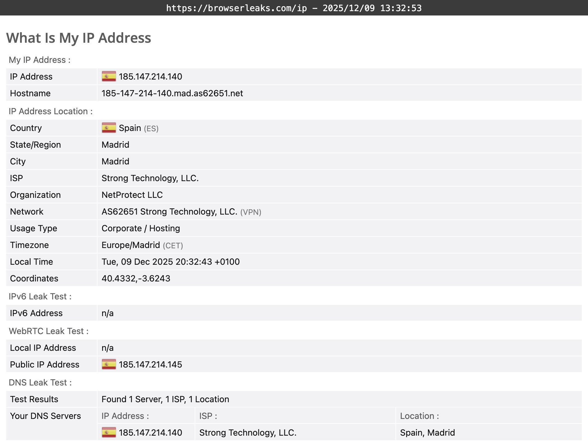 Bitdefender VPN's DNS leak test results (pass)