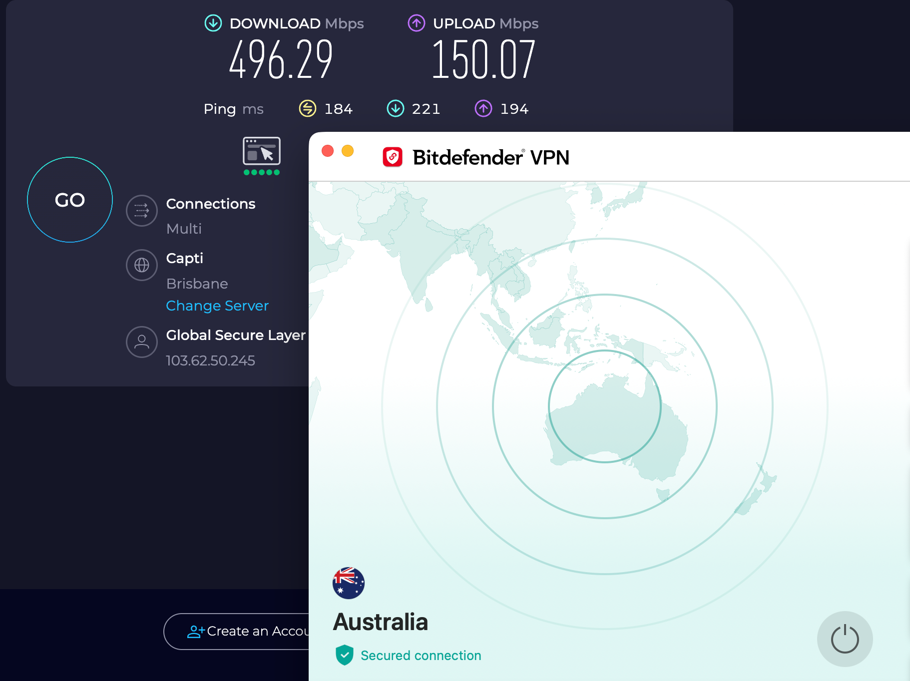 Speed test results for Bitdefender VPN while connected to a Brisbane server (496.29 download, 150.07 upload, 184 ping)