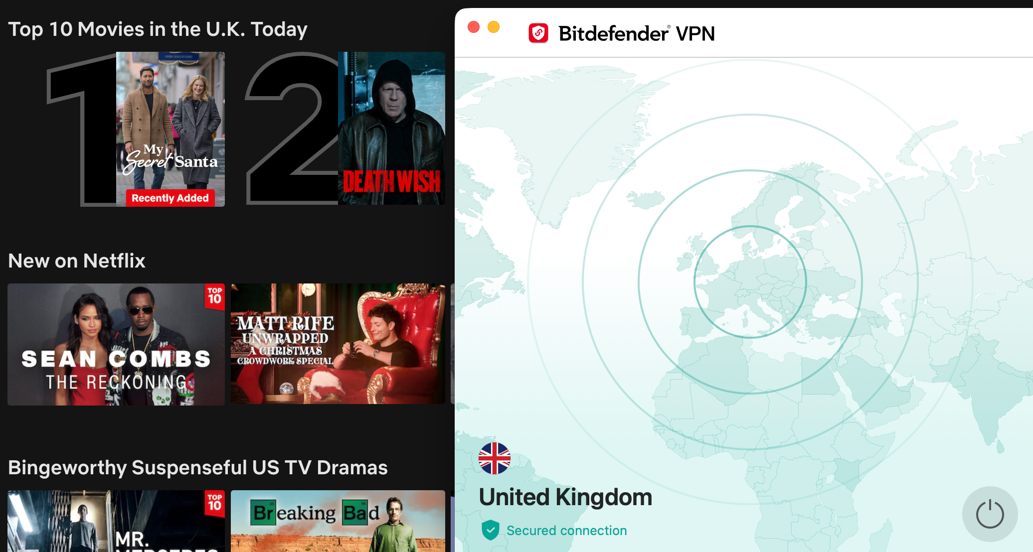 Netflix list of top movies in the U.K. today with Bitdefender VPN in the foreground