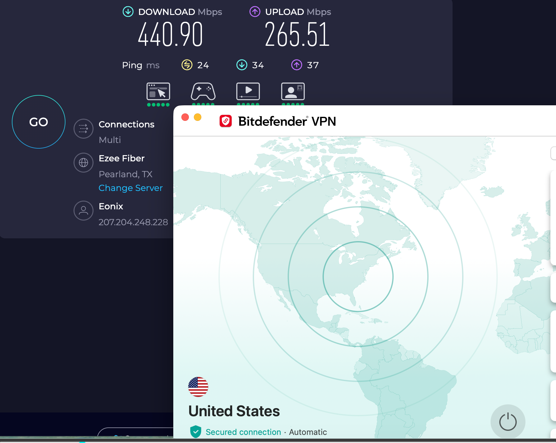 Speed test results for Bitdefender VPN while connected to a Pearland server (440.90 download, 265.51 upload, 24 ping)