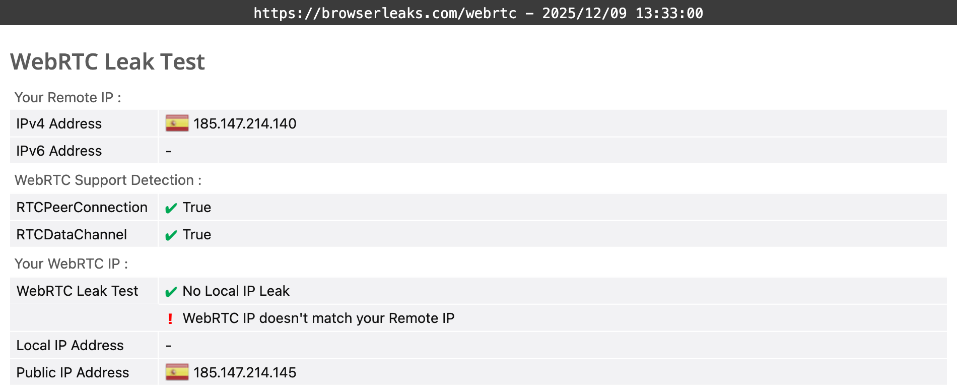 Bitdefender VPN's WebRTC leak test (partial pass)