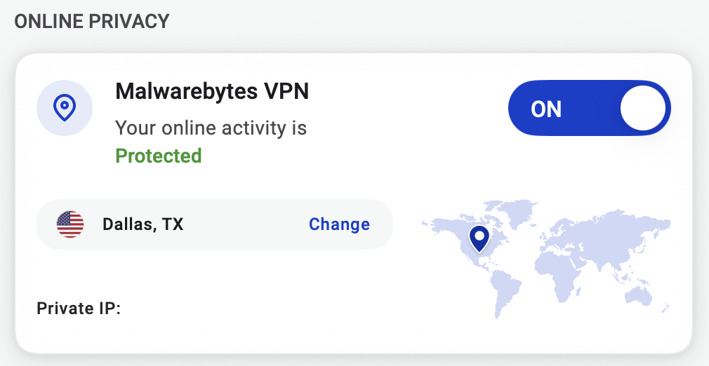 Malwarebytes Privacy VPN's dashboard