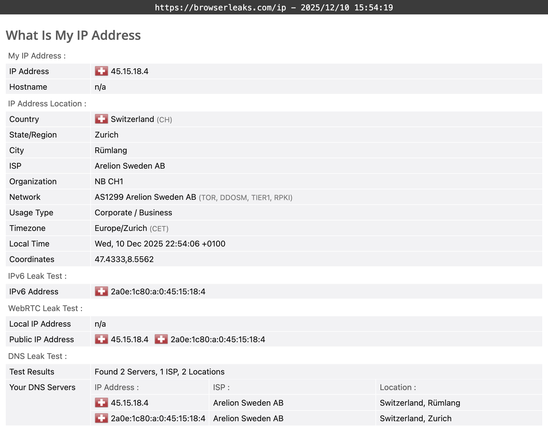 Malwarebytes Privacy VPN's DNS leak test results (pass)