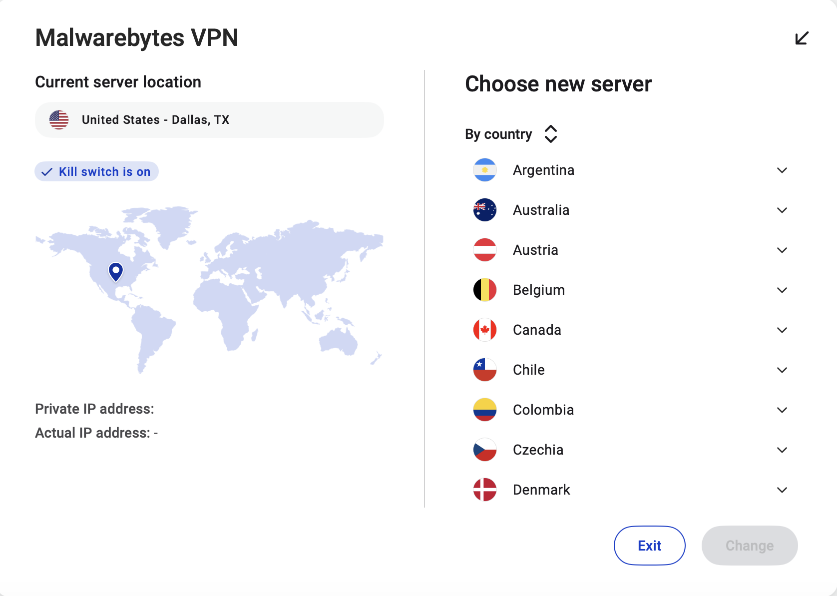 Malwarebytes Privacy VPN's server list 