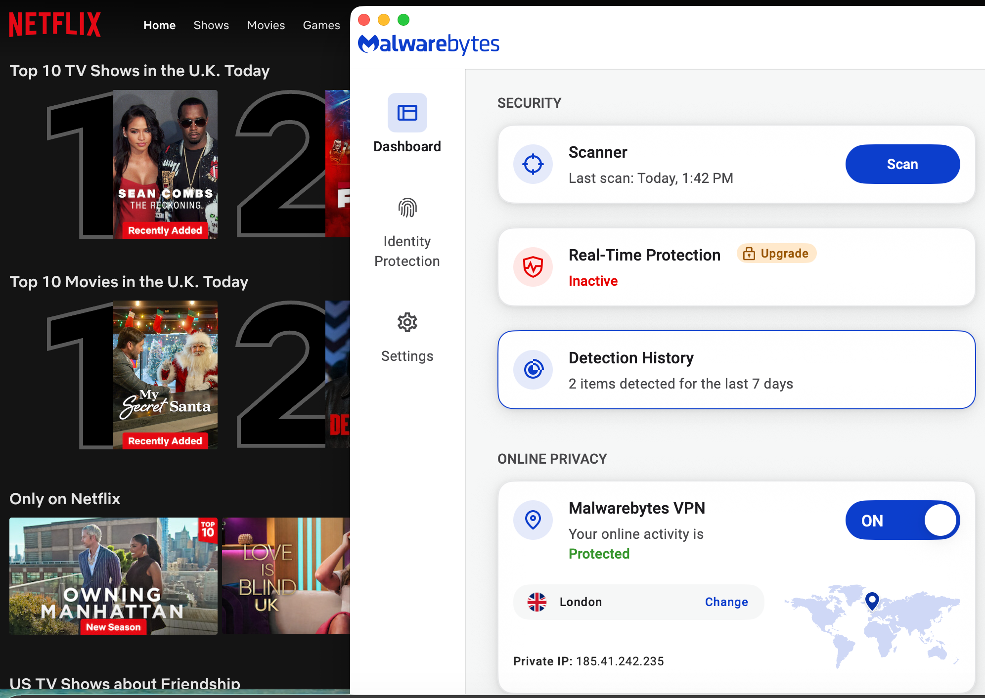 Netflix list of top shows in the U.K. today with Malwarebytes Privacy VPN in the foreground