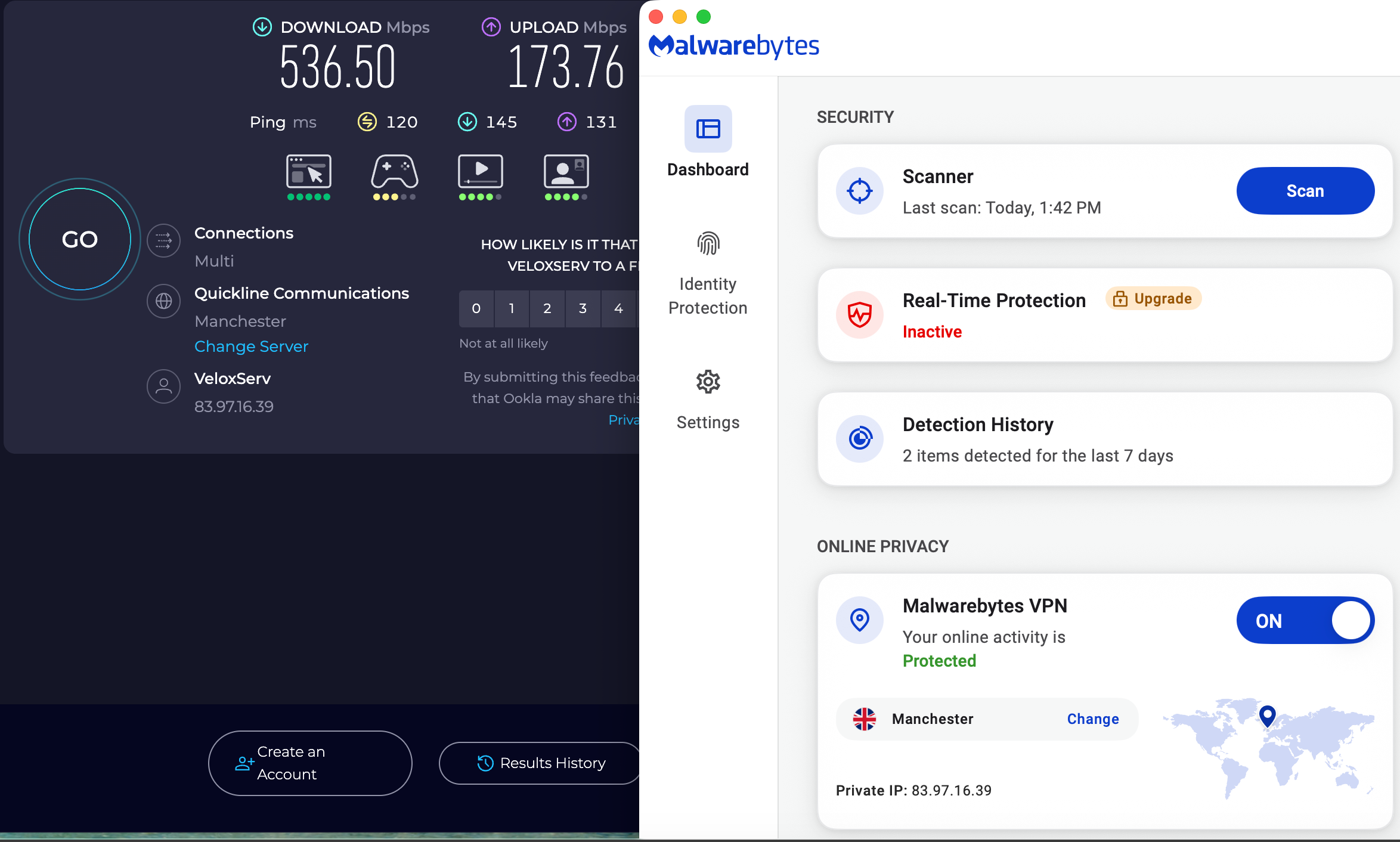 Speed test results for Malwarebytes Privacy VPN while connected to a server in the U.K. (536.50 download, 173.76 upload, 120 ping)