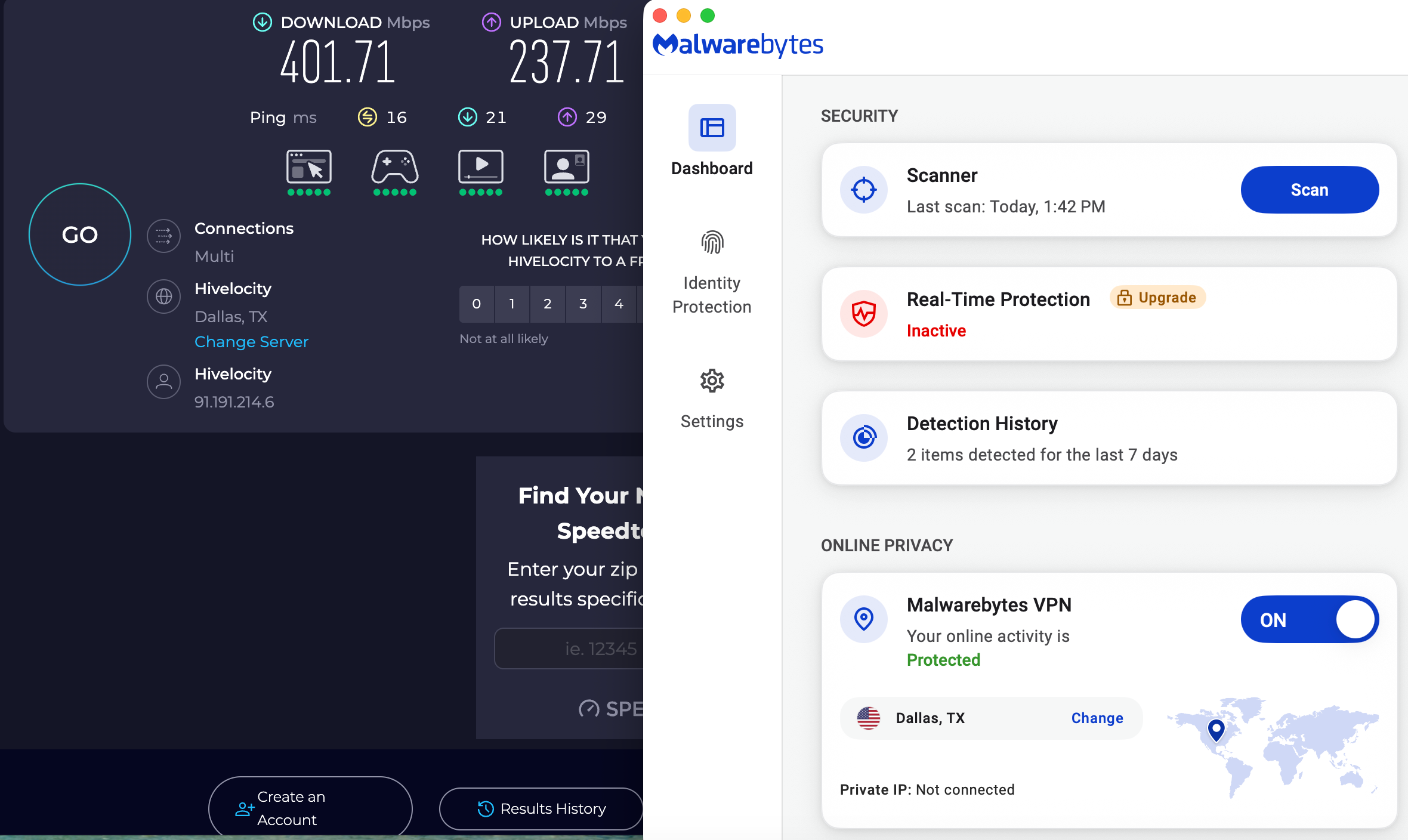 Speed test results for Malwarebytes Privacy VPN while connected to a server in Dallas (401.71 download, 237.71 upload, 16 ping)