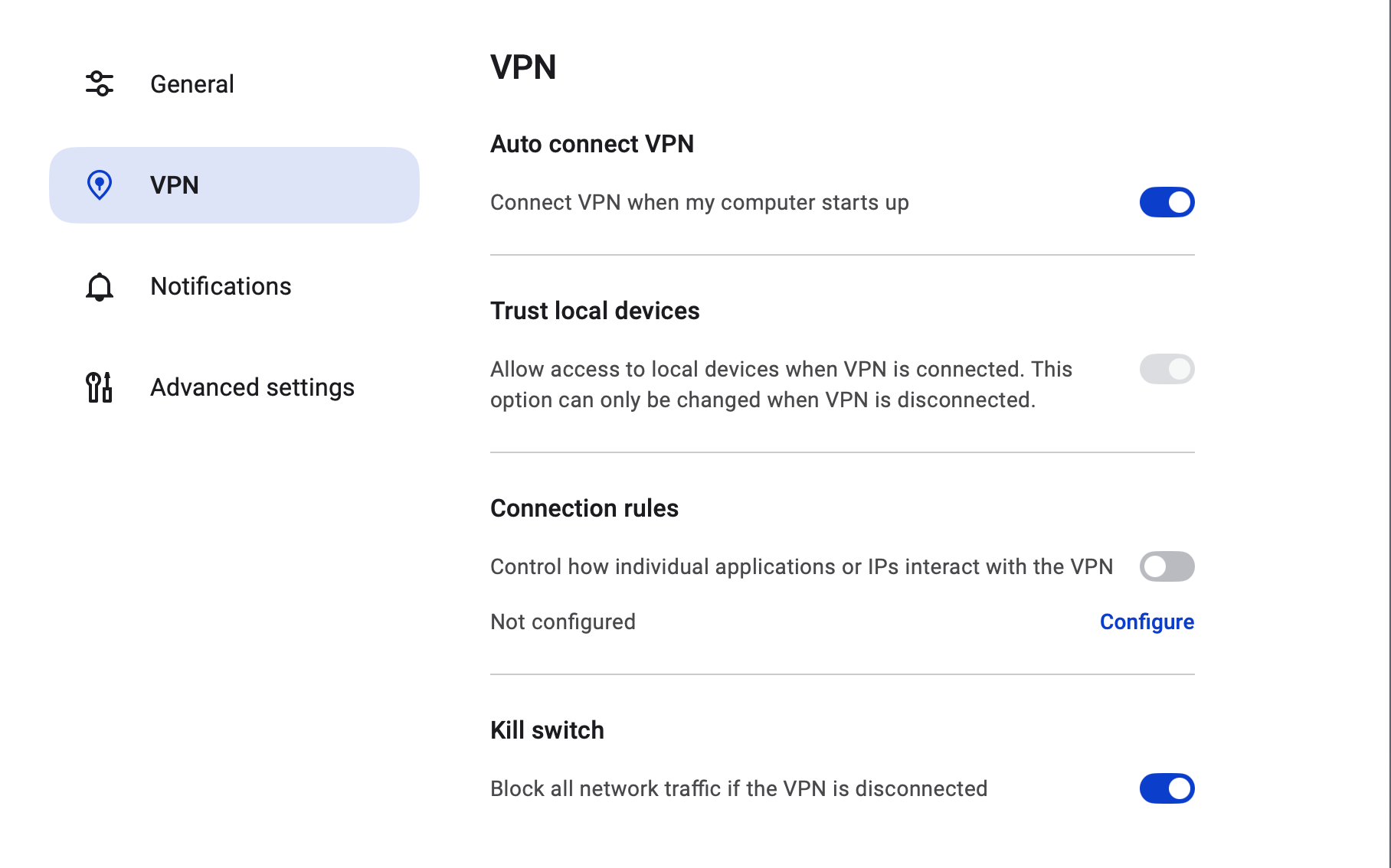 Malwarebytes Privacy VPN's kill switch settings