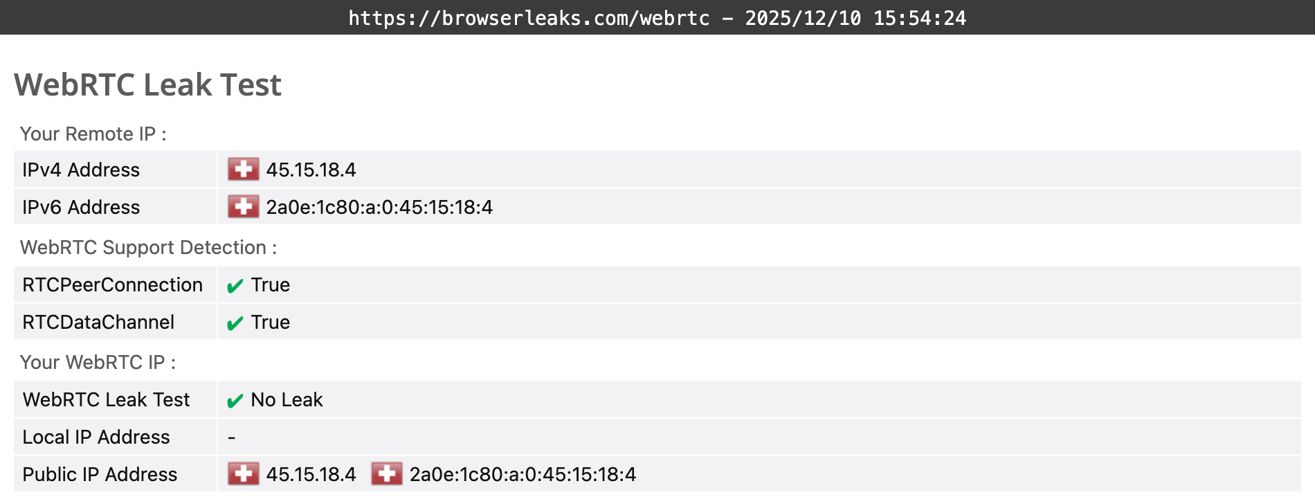 Malwarebytes Privacy VPN's WebRTC leak test results