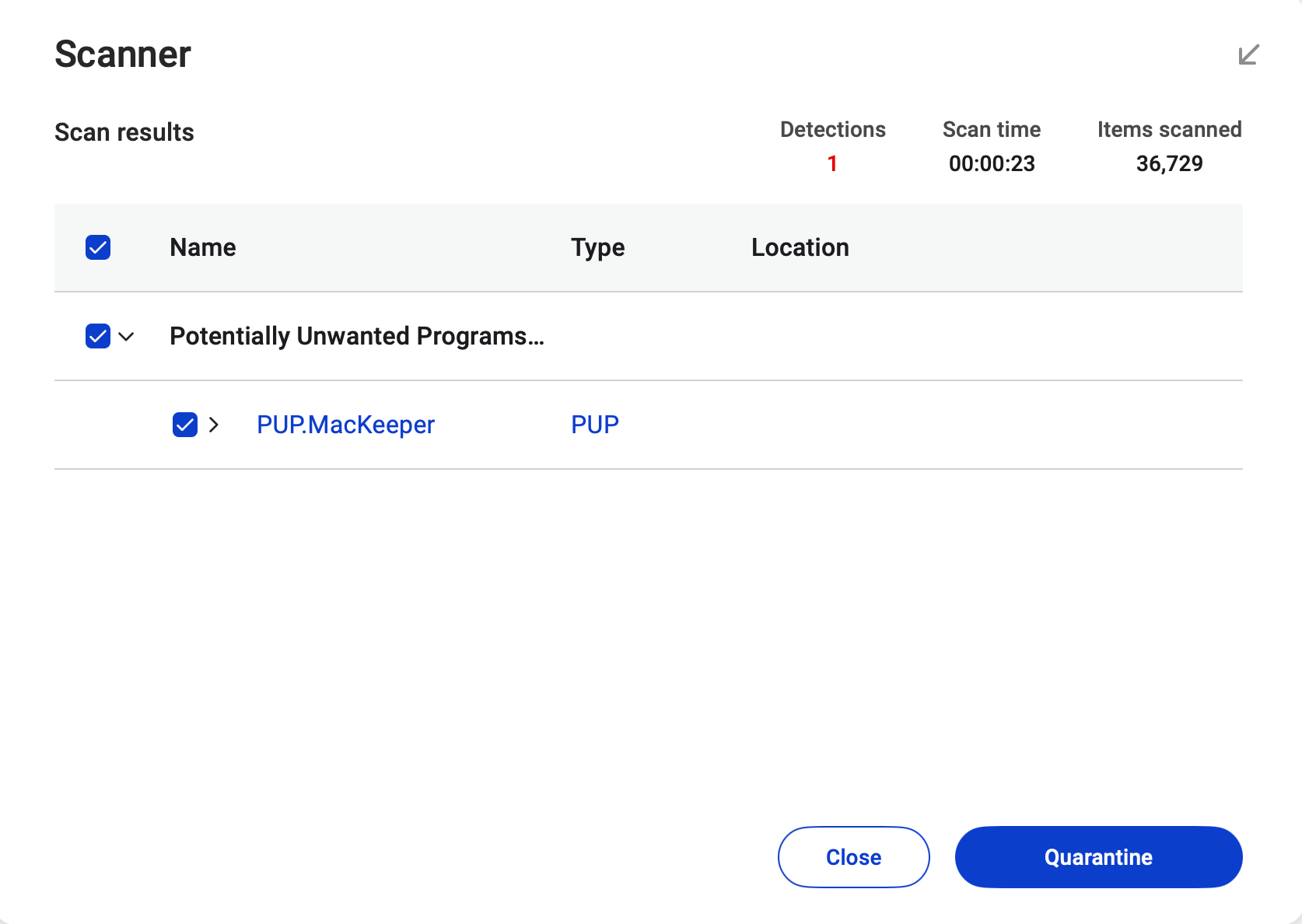 Malwarebytes Threat Scan summary (1 PUP found)