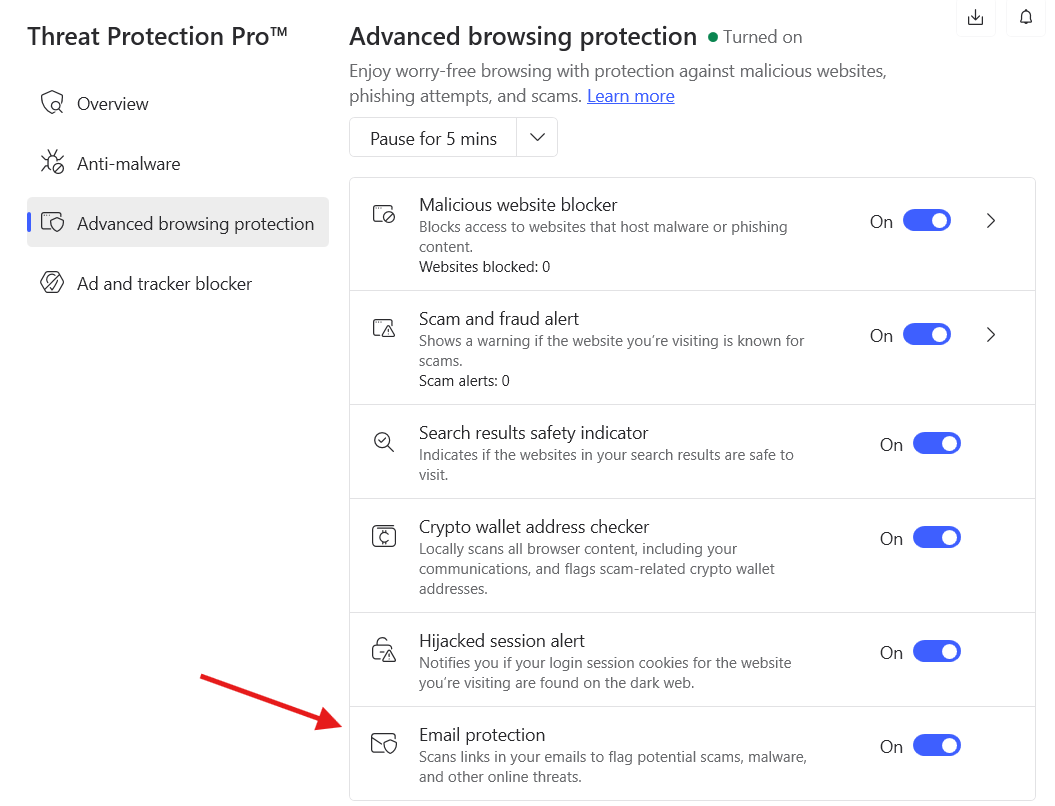 Advanced browsing protection section of Threat Protection Pro tab with arrow pointing at Email protection
