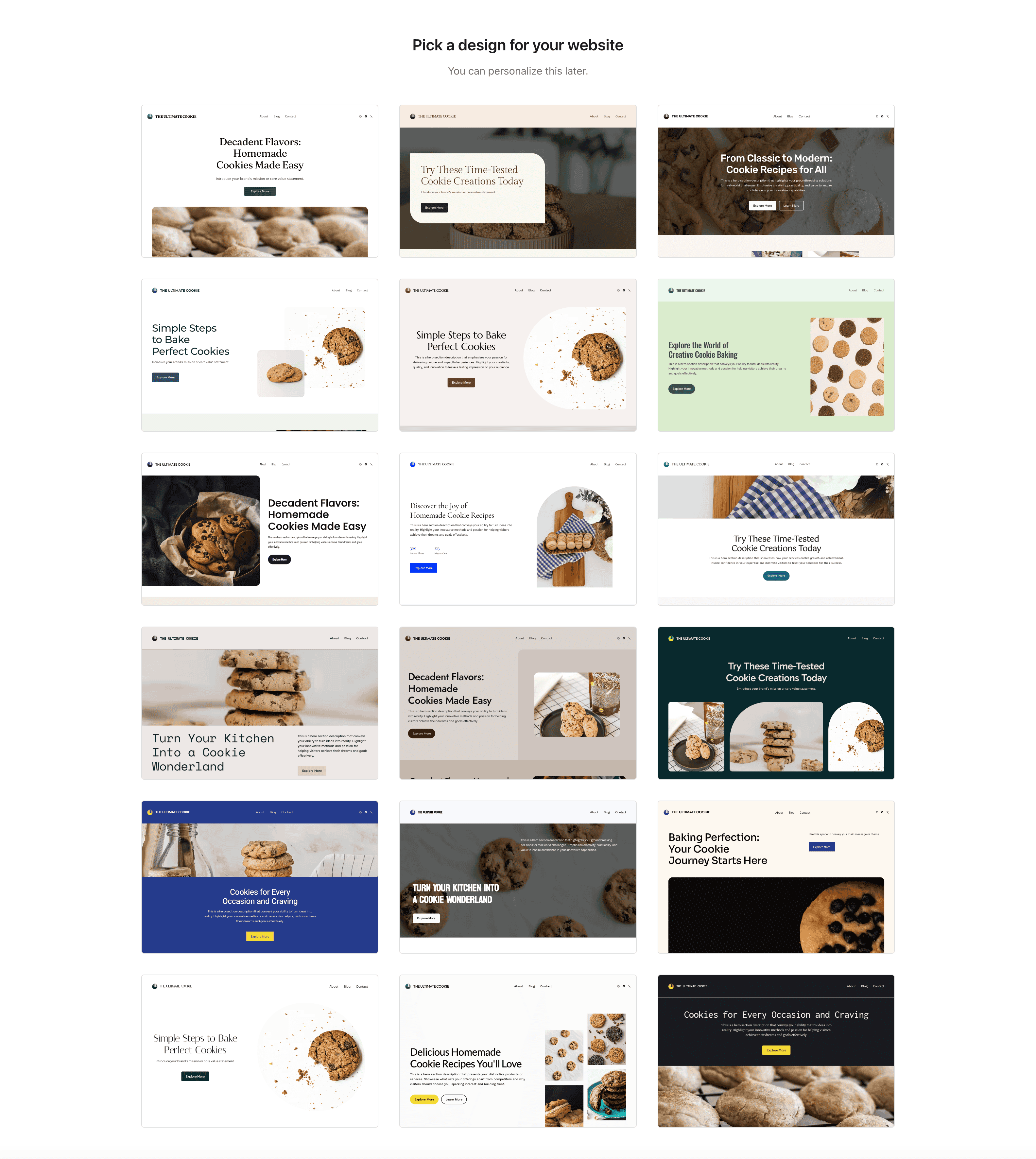DreamHost AI site builder template selection for All About Cookies test website