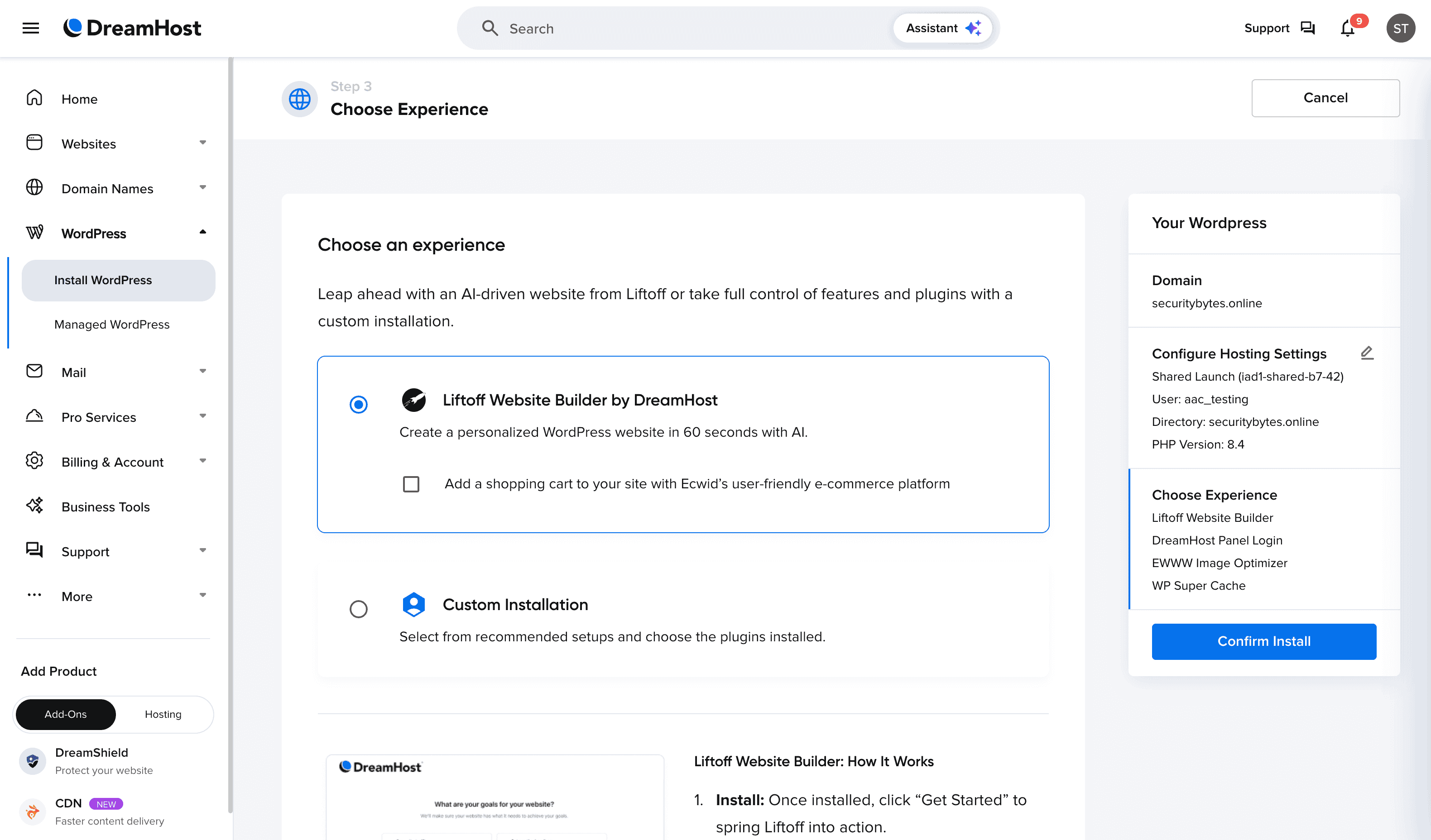 Choose DreamHost web builder or custom experience