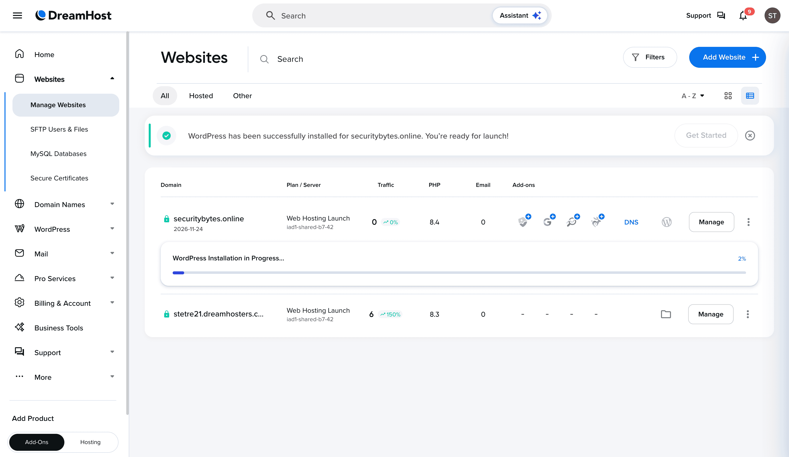 DreamHost WordPress installation and dashboard