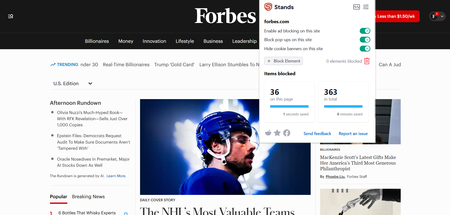 Forebes homepage with Stands Free ad blocker in foreground