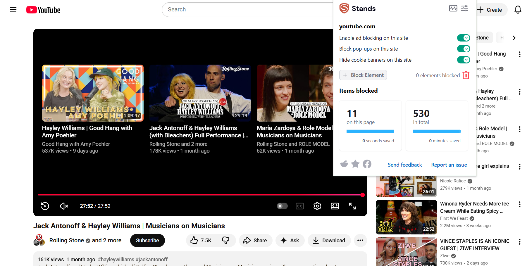 End of a YouTube video with Stands Free Ad Blocker enabled in the foreground