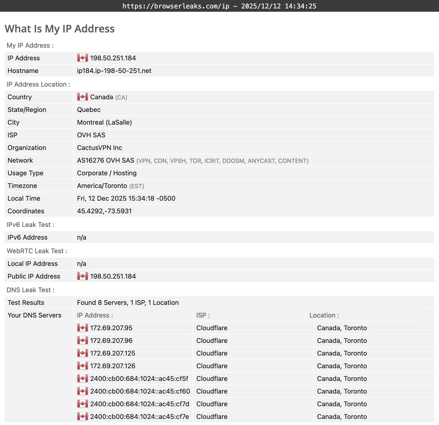 CactusVPN's DNS leak test results (passed).