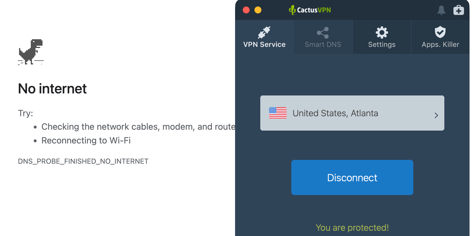 No internet error with CactusVPN in the foreground