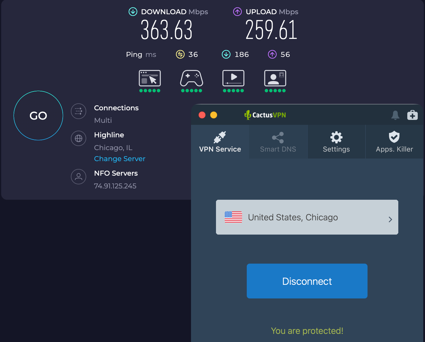 Speed test results for CactusVPN while connected to a server in Chicago (363.63 download, 259.61 upload, 36 latency)