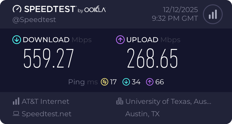 Baseline speed test before testing HMA VPN (559.27 download, 268.65 upload, 17 ping)
