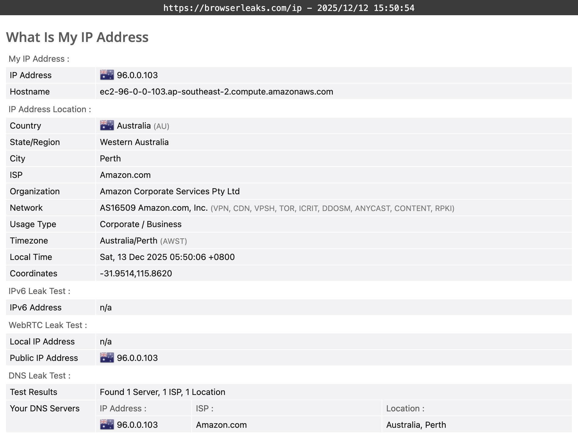 HMA VPN's DNS leak test results (passed).