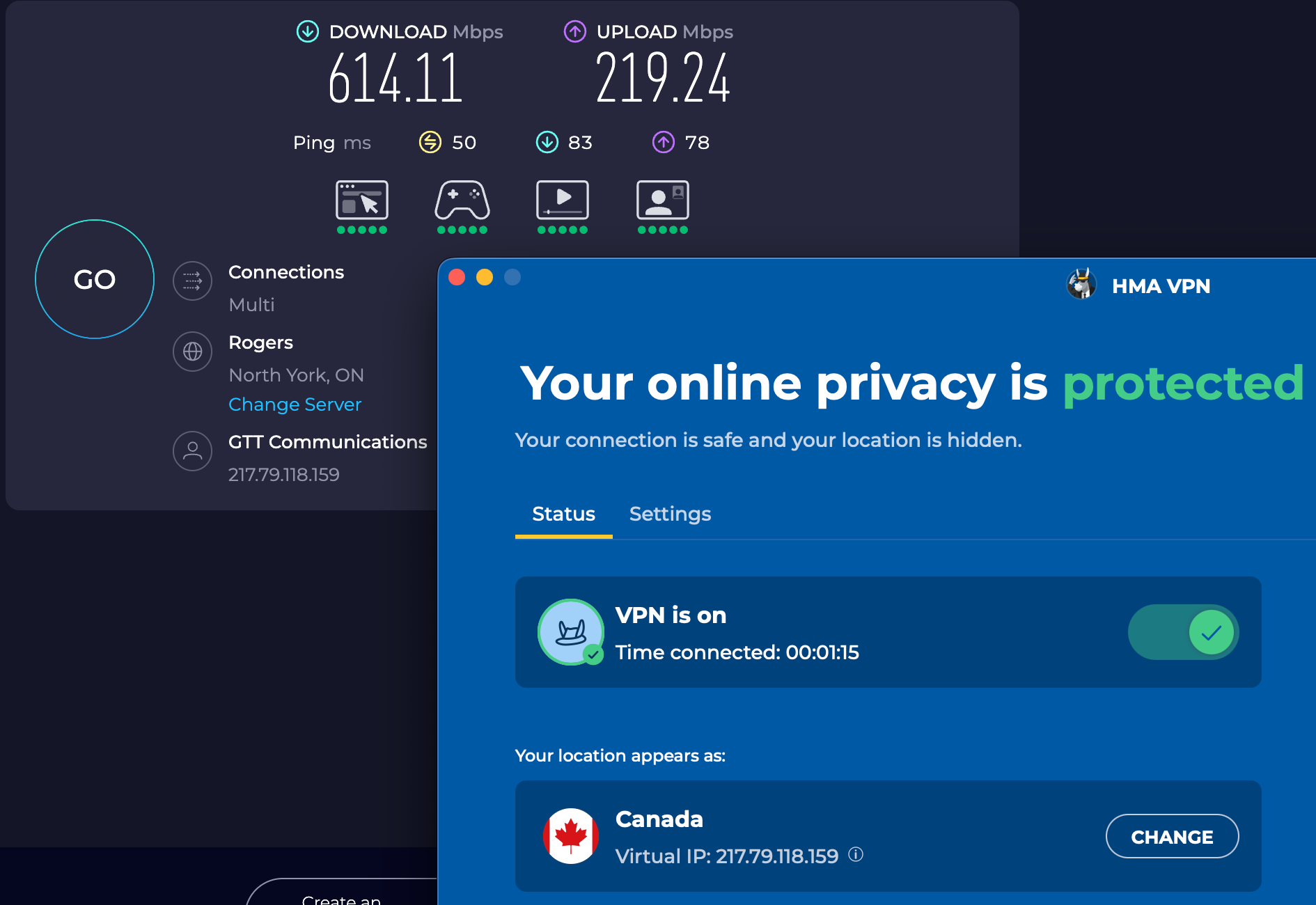 Speed test results for HMA while connected to a Norton York server (614.11 download, 219.24 upload, and 50 latency)